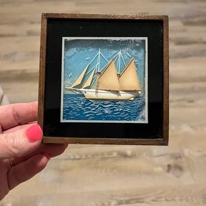 MCM Vintage Beach carved cork diorama pictures of sail boat & ship
